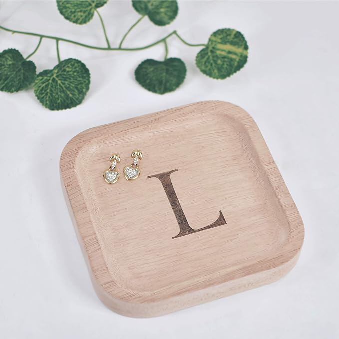 I'm Wooden Personalized Letter Catchall Valet Tray Trinket Dish Jewelry Tray Key Bowl Decorative Plate Organizing Ring Earrings Necklaces Bracelet Watch Coins Wallet Holder (6"x6" Sq Natural L)