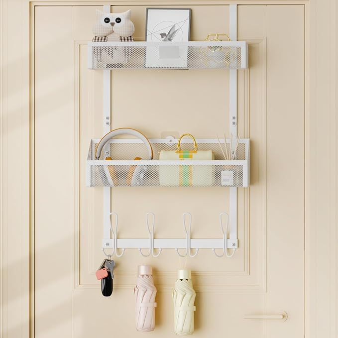 Hocookeeper Over The Door Organizer, Over The Door Hooks & Baskets - 12 Hooks & 2 Mesh Baskets Back of Door Storage Organizer for Bathroom, Kitchen, Bedroom (White)