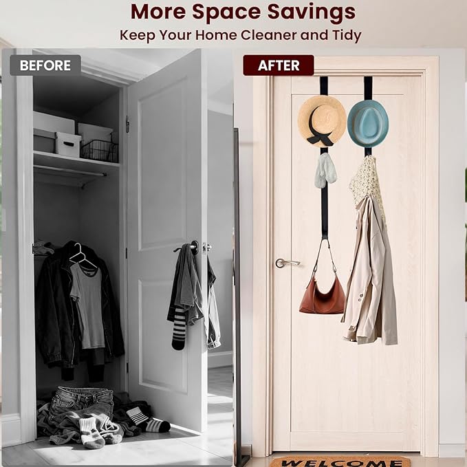 Over The Door Hooks - 4 PCS Adjustable Door Hanger with 12 Hook, 15-25'' Towel Rack Organizer for Bathroom, Heavy Duty Door Hook for Hanging Wreath Coat Clothes Hat, Shower Room Dorm Bedroom Essential
