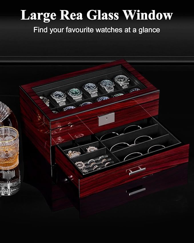 ANWBROAD Watch Box for Men, 12 slot Watch Cases with Glass Lid, 2-Layer Wooden Watch Display Case for Jewelry and Watch Organizer for Men Women, Ideal for Gifting with a Present Box, Lockable UJWB003Y