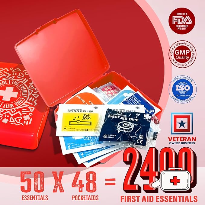 EVERLIT Pocket-Aid Mini First Aid Kit | Compact, Portable Hard-Shell Cases of 50 Items | Cuts, Scrapes, Wound Care Essentials for Travel, Outdoor, School, Camping, Home, Office (48 Packs | 2400 Pcs)