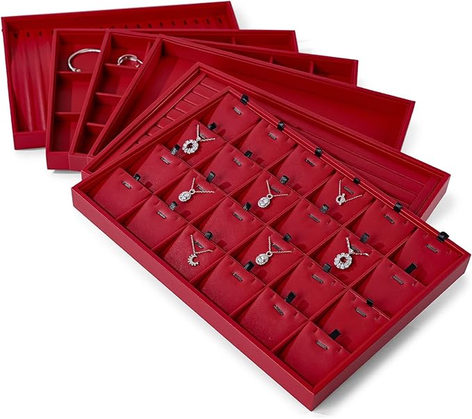 Leather Jewelry Trays 24 Grids Earrings Tray Jewelry Display Tray Stackable Ring Earring Organizer Tray Jewelry Trays For Drawers Rings Earrings Holder (Red)
