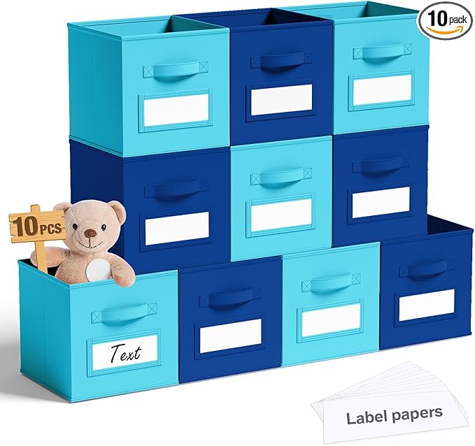 10 Pcs Fabric Storage Cubes with Labels 11 Inch Collapsible Cube Organizer Baskets with Window Cards for Shelf Nursery Clothes Book Toys Storage Bin(Lake Blue, Navy Blue)