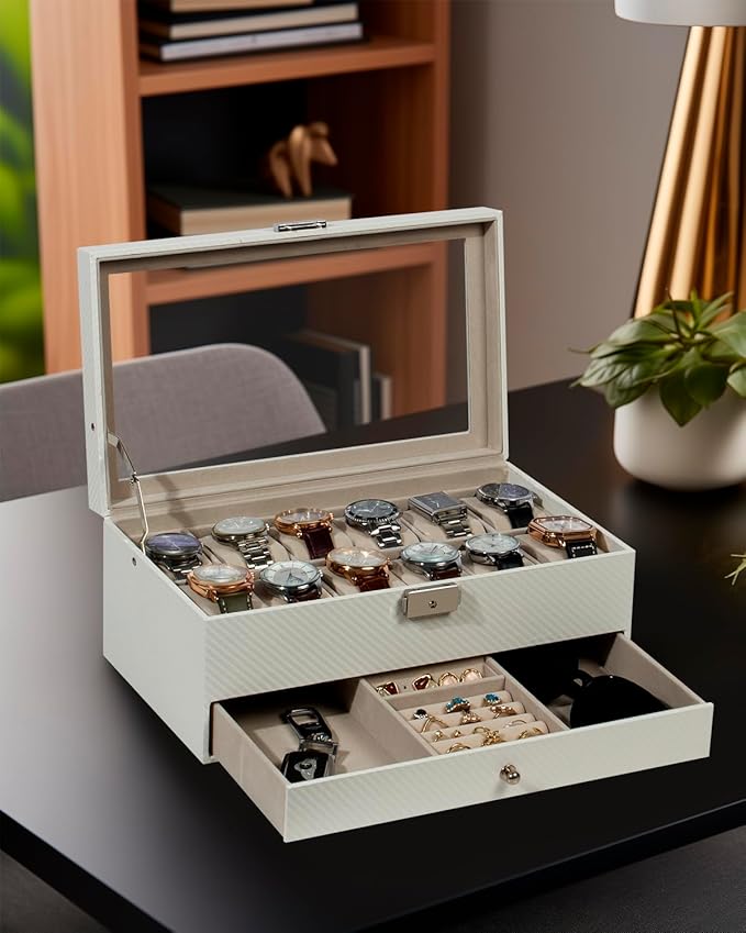 GUKA Watch Box, 12 Slot Watch Case, Watch Cases for men with Real Glass Lid, Synthetic Leather Watch Organizer storage with Jewelry Case, Birthday for Men and Women, White, GK-012-WTC