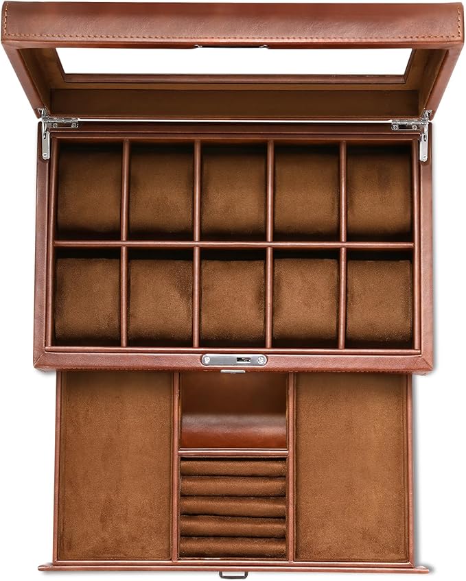 Leather Watch Box with Drawer-10 Slots Locking Jewelry Watches Holder for Men-Luxury Watch Case Display Organizer-2 Tier Organizer Watch Showcase-Storage Case