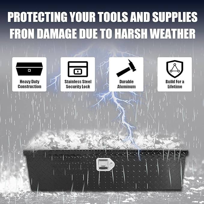 confote 39 Inch Aluminum Diamond Plated Tool Box Pick Up Truck Bed RV Trailer Toolbox Waterproof Square Heavy Duty Storage Organizer with Side Handle, Lock and Keys - Black