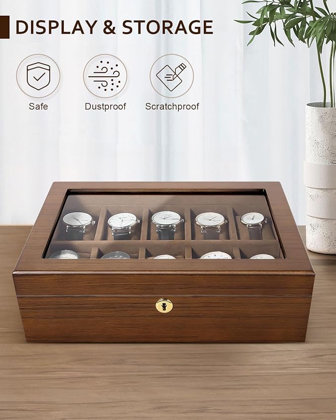 Uten Watch Box with 10 Slots, Watch Case Organizer with Golden Lock and Key, Wooden Watch Display Storage Box with Removable Watch Cushions, Velvet Lining, Metal Clasp, Gift for Men & Women
