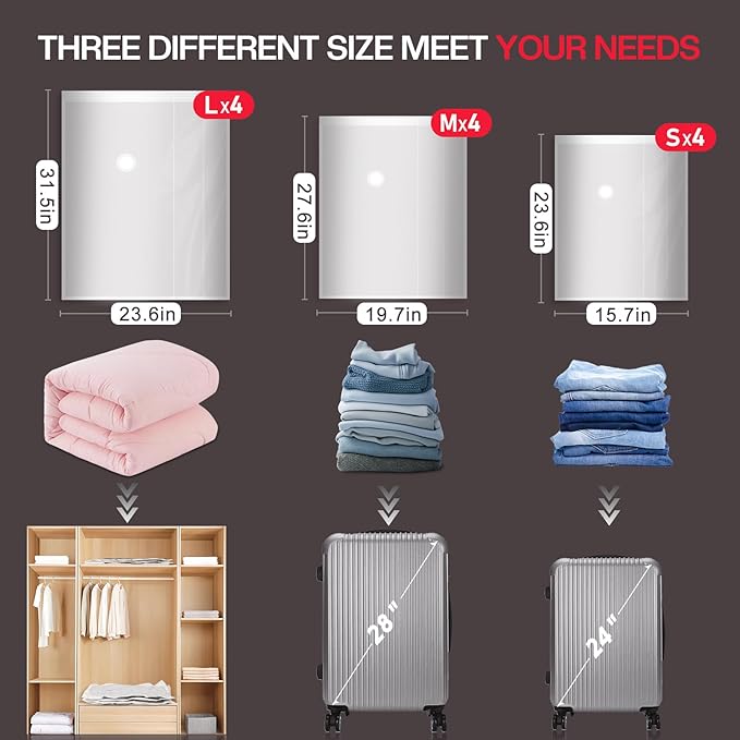 12 Pack Travel Vacuum Storage Bags with High Pressure Electric Pump - Portable Vacuum Seal Bags for Clothing, Luggage & Travel Space Saving