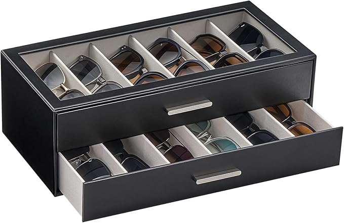 Lolalet Beige Sunglasses Storage Box for Women, Eyewear Eye Glass Organizer with Clear Top Lid Display Holder Case