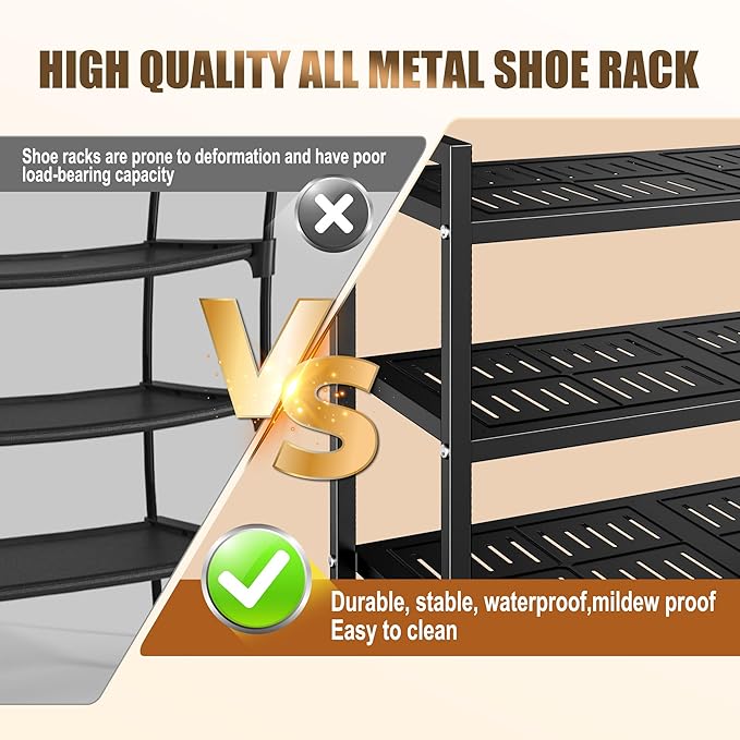 5-Tier Shoe Rack, Large Capacity Metal Free Standing Shoes Rack, Sturdy and Durable Shoe Organizer, Shoe Shelf for Closet, Entryway, Bedroom, for 28-30 Pairs, 42.1" W x 9.8" D x 35.4" H, Black