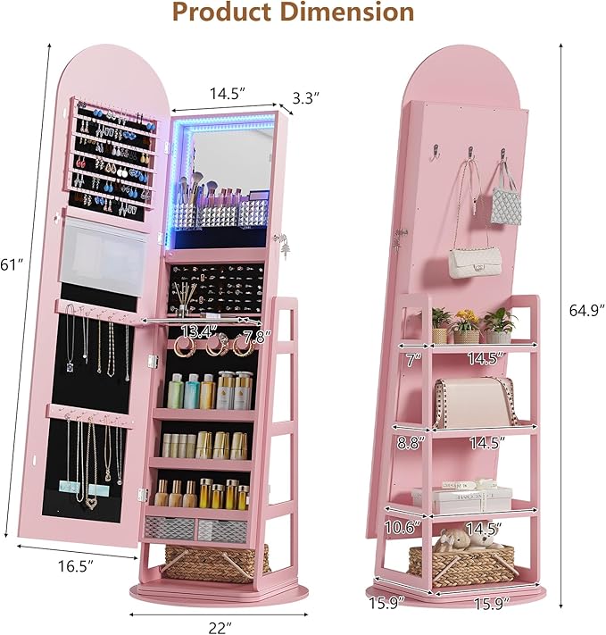 HWB Arched Mirror Jewelry Cabinet with Storage, LED Jewelry Armoire w/Full Length Mirror & 360° Swivel, Standing Jewelry Holder Organizer with Rear Storage Shelves & Hooks, Lockable (Pink)