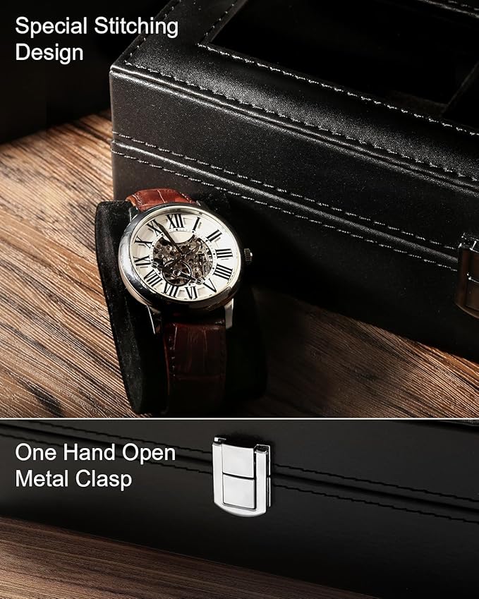 Uten Watch Box, 6 Slots Watch Case, Watch Organizer Jewelry Storage with Large Glass Lid, Black Lining, Watch Display Box for Men & Women Gift