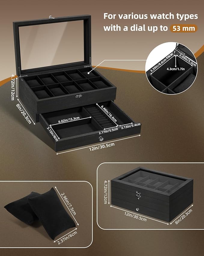 Uten 10-Slot Watch Box, 2-Layers Solid Wood Watch Display Case with Glass Lid, Watch Holder Organizer with Soft Pillow and Velvet Lining, Watch and Jewelry Storage Box, Black