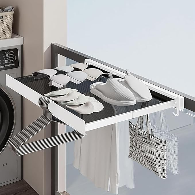 LETINE Wall Mounted Drying Rack: Retractable Indoor Clothes Drying Rack – Aluminum Alloy Frame w/Soft Mesh Surface. Laundry Rack & Temp Shelf for Balcony, Bathroom, Kitchen. Includes 6 Hooks.
