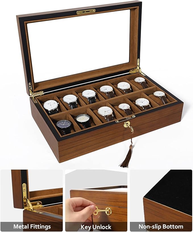 Uten Watch Box with 12 Slots, Watch Case Organizer with Golden Lock and Key, Wooden Watch Display Storage Box with Removable Watch Cushions, Velvet Lining, Metal Clasp