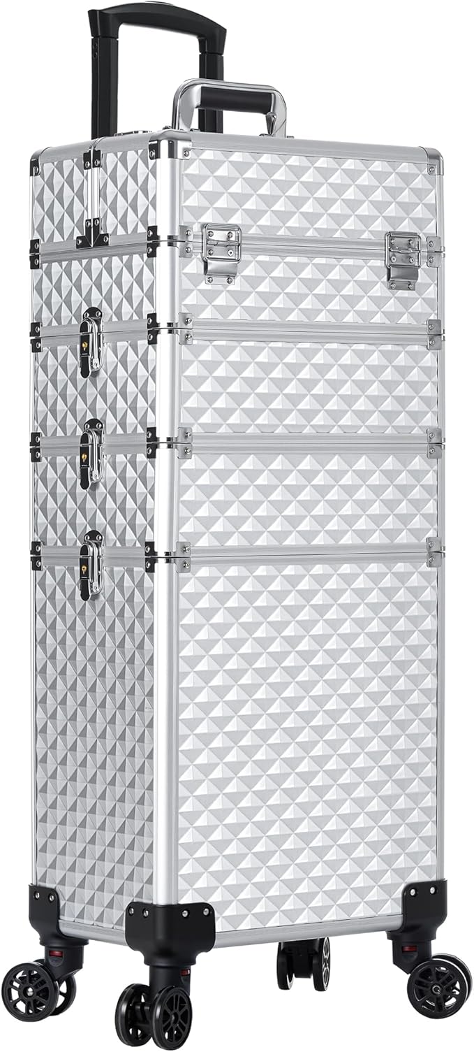 AROUS Rolling Makeup Train Case 4 in 1 Cosmetology Case on Wheels Large Storage Cosmetic Trolley with Key Salon Barber Case Traveling Cart Trunk, Silver