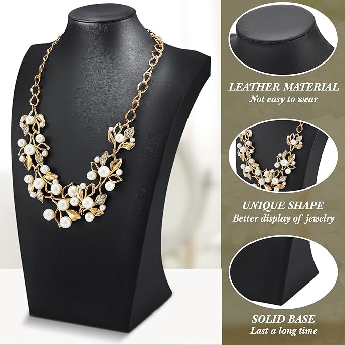 Kigley 3 Pcs Black PU Leather Jewelry Bust Display Stand Necklace Mannequin Holder for Jewelry Displays (13.4 x 8.1 Inch)