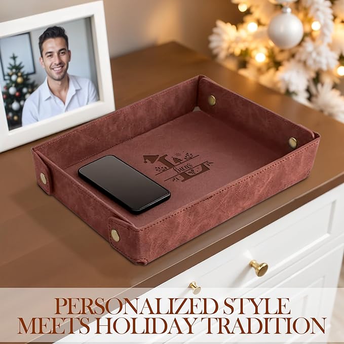 Engraved Christmas Light Coffee Leather Valet Tray – Personalized Rectangle Catchall Organizer for Wallet, Keys & Jewelry – Gift for Men, Dad, Couples – Dresser Top or Coffee Table Decor
