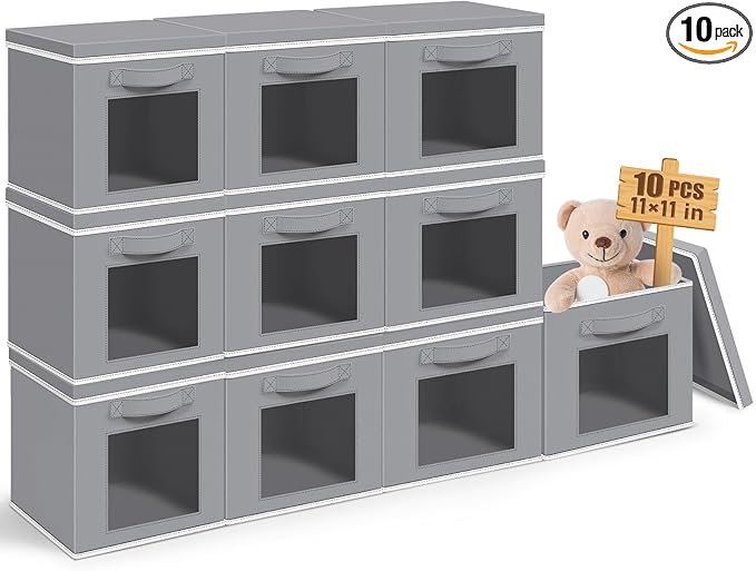 10 Pcs Fabric Storage Cube with Lid 11x11 Inch Fabric Storage Bins with Window Handle Collapsible Cube Organizer Basket for Shelves Closet Bedroom Office Clothes Book Stuffs (Light Gray)