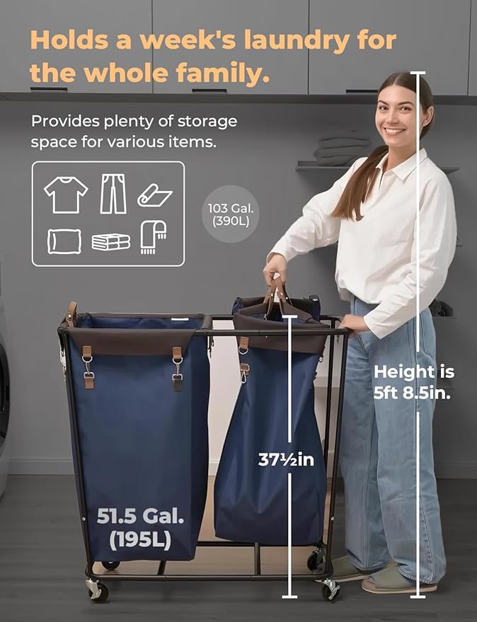 StorageWorks 390L Extra Large Laundry Hamper with Wheels, Laundry Basket with Wheels 2 Sections, Clothes Sorter Cart with Divider for Hotel, Home, Blue, 1-Pack