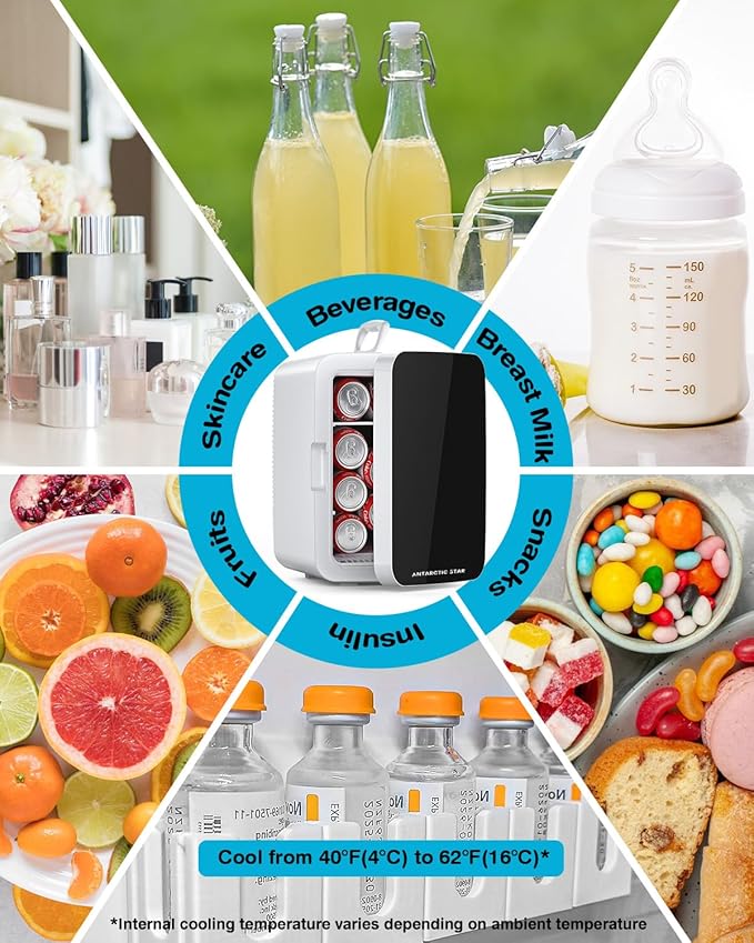 Antarctic Star Compact Mini Fridge, 10L Portable Small Refrigerator, 2.6 Gal Mini Fridge with AC/DC Adapters, Small Cosmetics Cooler for Beverage, Food, Makeup, Bedroom, Office, Dorm, White