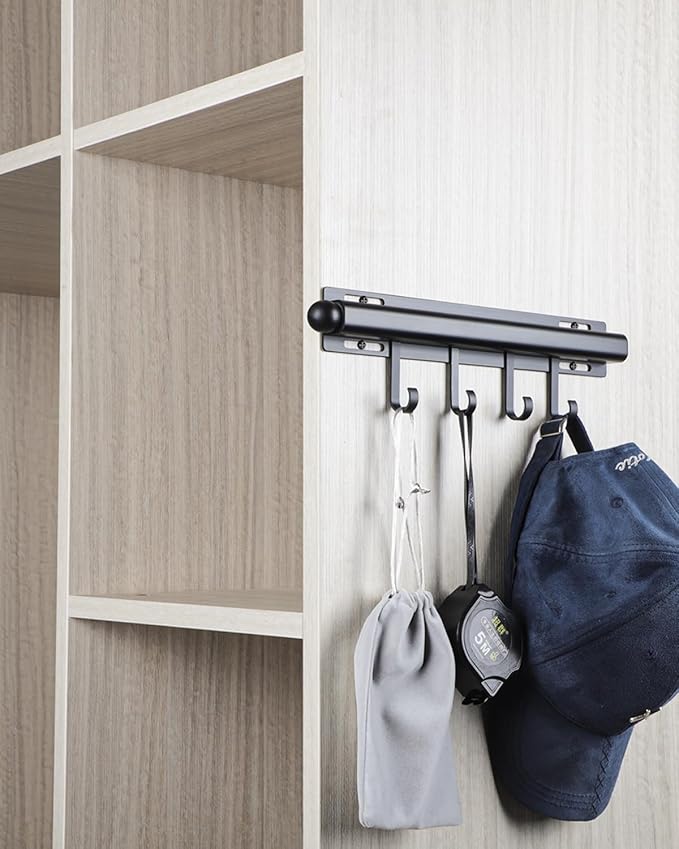 12 inch Valet Rod for Closets Pull Out Closet Valet Rod Slide Out Black Pull Out Clothes Hanger With 4 Hooks