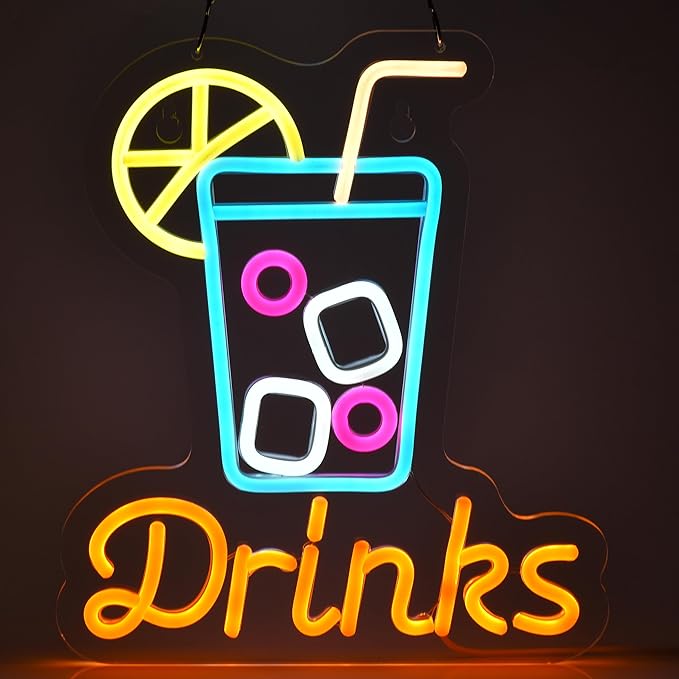 Drinks Neon Sign for Wall Decor Cool Drink Cup LED Light up Sign Cold Drinks Cocktail 3D Art Wall Lights for Home Bar Club Party Restaurant Cafes, USB Powered 12.6" x 11"