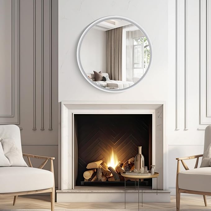 WallBeyond Round Wood Mirror 24 inch Circle Wall Mirror for Bathroom Round Wall Mirror for Wall Decor, Vanity, Entryway Living Room (White)
