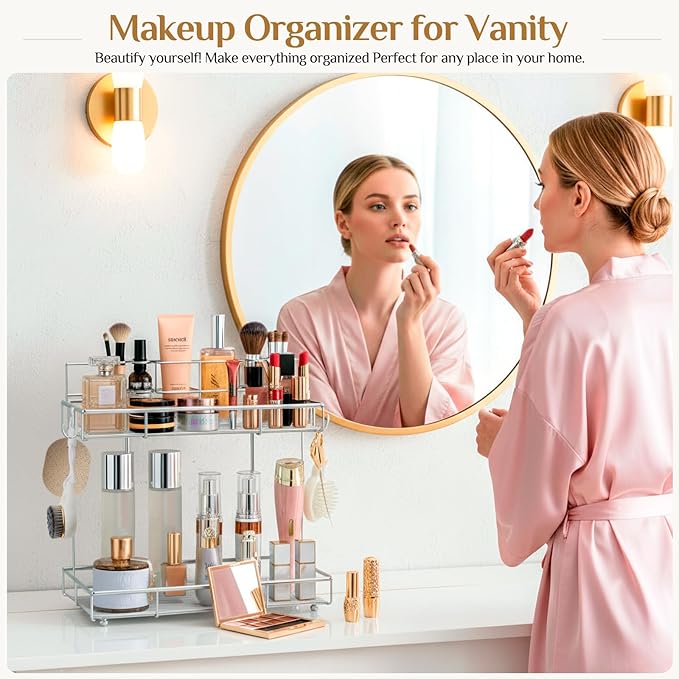 2 Tier Chrome Bathroom Organizer Countertop, Small Countertop Organizer for Bathroom Decor, Kitchen Counter Shelf for Spice Rack and Snack, Vanity Makeup Organizers Tray for Bedroom (Chrome)