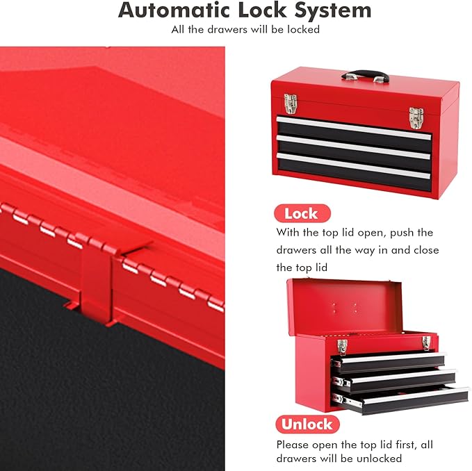 Portable Tool Box, 3-Drawer Tool Chest with Carry Handle, 2 Metal Latches & Liner, Metal Tool Box Storage Box Organizer for Garage, Warehouse & Repair Shop (Black+Red)