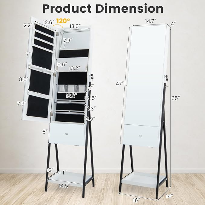 CHARMAID Jewelry Cabinet Armoire with Full Length Mirror, 3-Color Light Strips, Mirrored Tilt out Drawer, Lockable Standing Jewelry Organizer with Storage Shelves, Metal Stand (White)