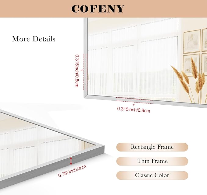 30x72inch Bathroom Mirror, Silver Rectangle Mirror with Thin Metal Frame, Large Rectangular Wall Mirror for Bathroom, Living Roomm, Hair Salon, Big Farmehouse Mirrors Hang Horizontal/Vertical