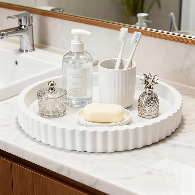 Decorative Tray for Coffee Table, 12'' Resin Modern Decorative Tray for Home Decor, Elegant Table Centerpiece White Round Fluted Serving Vanity Tray for Bathroom Kitchen Living Room Decor