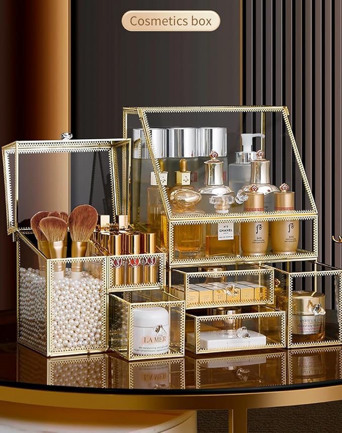 MOOCHI Golden 3 Pieces Makeup Organizers for Vantity, glass, Skin Care Organizer, Drawers,Brush Organizer,Countertop Cosmetics Storage Display Case