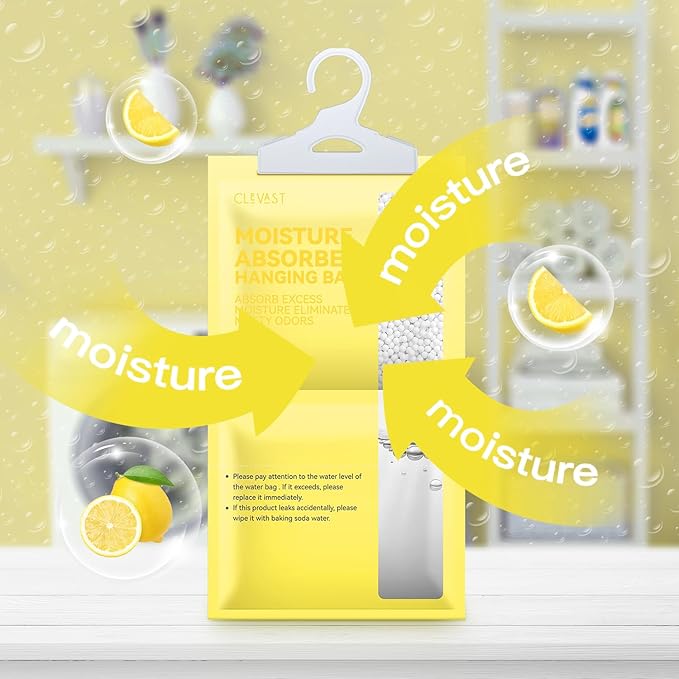 CLEVAST Moisture Absorbers Packets 10 Pack, Dehumidifier Bags for Closet, Scented Hanging Humidity Absorber in Wardrobes, Bedrooms, Bathrooms (Lemon)