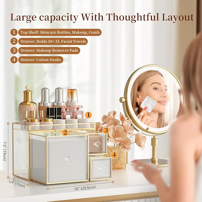 Multifunctional Face Towel Holder with 3 Drawers – Tempered Glass Cotton Pad & Swab Organizer – Disposable Face Towel Holder for Bathroom Vanity