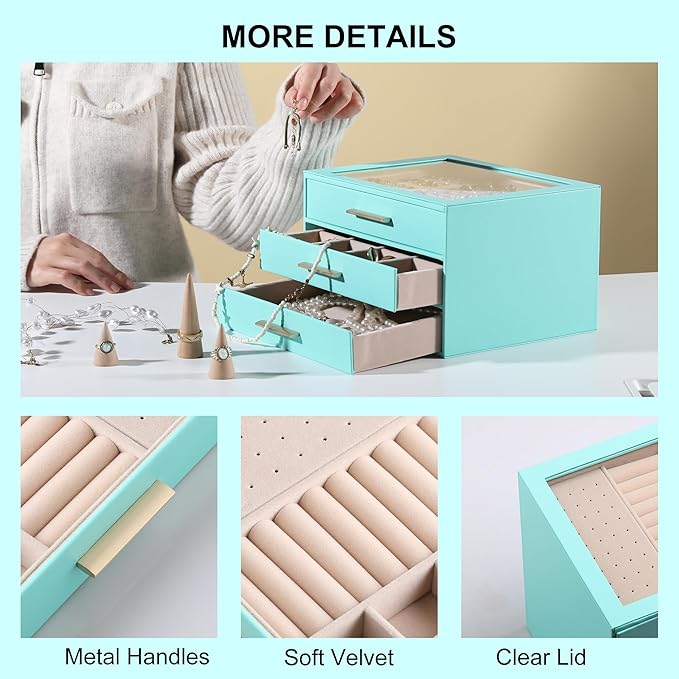 Frebeauty Clear Lid Jewelry Box,3-Layer Jewelry Organizer with Drawer,PU Leather Jewelry Organizers and Storage,Jewelry Boxes for Women,Jewelry Storage for Rings Earring Stud,Gift for Women(Turquoise)