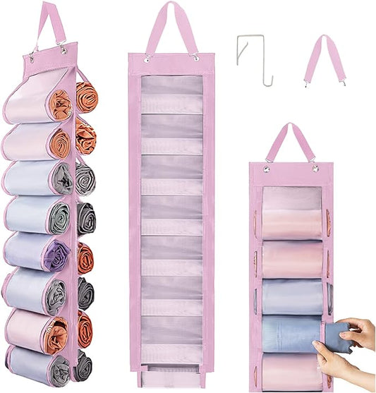 Legging Organizer Storage, T Shirt Organizer, Foldable Hanging Closet Organizer Storage with 16 Roll Independent Compartments for Yoga Pants, Tank Top, Towel, Underwear (Pink)
