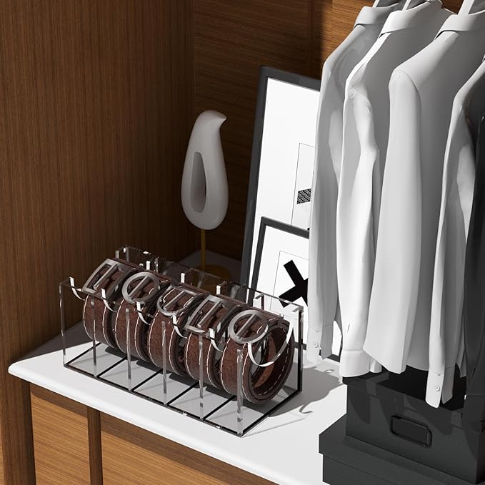 GTI Belt Organizer,Acrylic 5 Compartments belt organizer for closet and wall,Belt Storage Holder for Drawer,Clear Belt Display Case for Closet Tie and Bow Tie