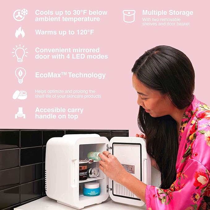 Cooluli Glow 4L Mini Skincare Fridge with Mirror & LED Light - Small Refrigerator for Skin Care, Beauty, Makeup, Cosmetics, Food & Drinks, White