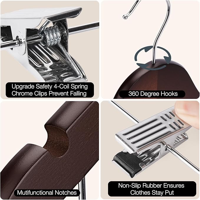 Wooden Hangers with Clips 24 PCS Pant Hangers with Clips,Smooth Solid Wooden Pants Hangers,360 Swivel Hooks & Adjustable Clips,for Jeans,Skirt,Suit,Shorts,Scarf.（Walnut）