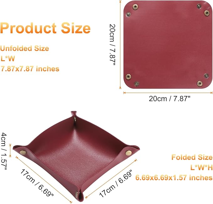 HARFINGTON 4pcs PU Leather Valet Tray Unisex Folding Small Catchall Tray Portable Entryway Table Tray Nightstand Bedside Desk Tray for Key Wallet Watch Coin Jewelry Dice, Wine Red