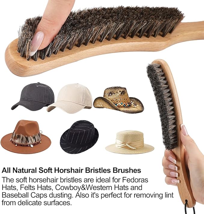 Hat Brush - Clean Western Cowboy Hat, Fedora Hat & Baseball Cap, Horsehair Bristle Garment Brush Remove Cat Hair Dust for Suits, Suede, Cashmere, Clothes & Furniture, Beech Handle
