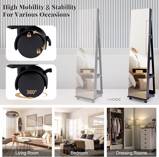 GOFLAME Jewelry Cabinet with Full Length Mirror, Lockable Jewelry Storage Organizer with Wheels, 3-Color LED Lights, Inner Mirror, Freestanding Jewelry Armoire with Rear Storage Shelves, Black