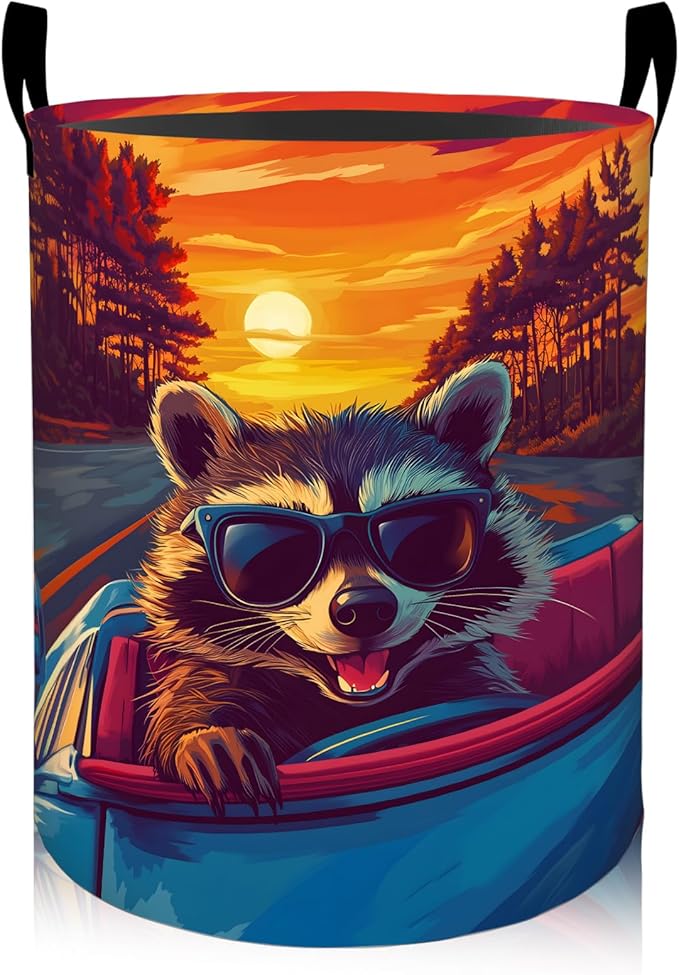 Cool Raccoon Sunset Drive Laundry Basket 19.7"x15.7", Collapsible Dirty Clothes Waterproof Cute Animal Laundry Hamper Organizer Toy Storage Bin for Dorm Nursery Bathroom Decor