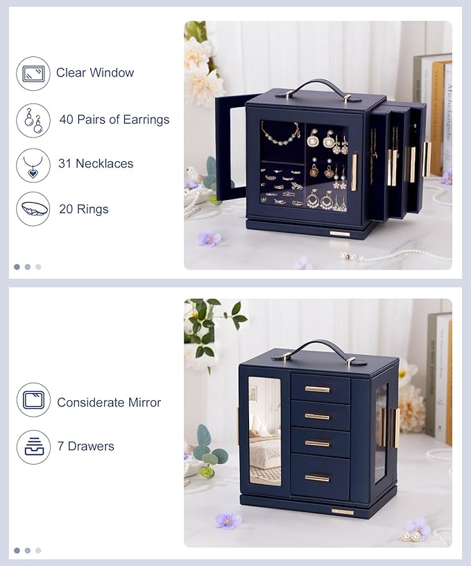 Homde Valentine's Day gifts Jewelry Box 360° Rotating, Necklace Earring Organizer with Transparent Window, Mirror, 7 Drawers, Large Ring Display Storage Case for Girls Women (Dark Blue)