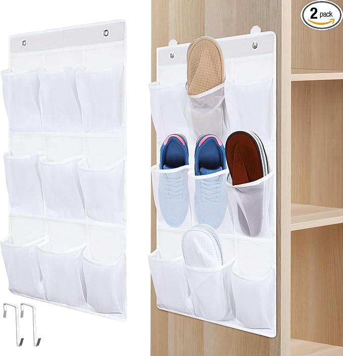 2 Pack 18 Pocket Wall Hanging Shoe Rack for Closet RV Shoe Storage with 8 Hooks over the Door Shoes Holder Organizer for Bathroom, RV, Pantry, Camping(White)