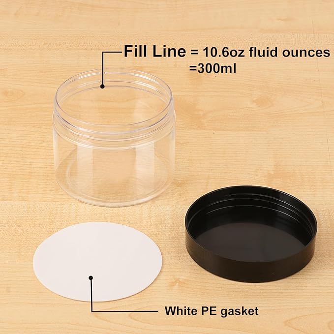 36 Packs 10 OZ Transparent Plastic Jars with black Lids, Body Butter Containers, Cosmetic Containers jars for Kitchen Ingredients, beads, sequins, Lotion, Cream, DIY Crafts and More by KUKLIPJIM.