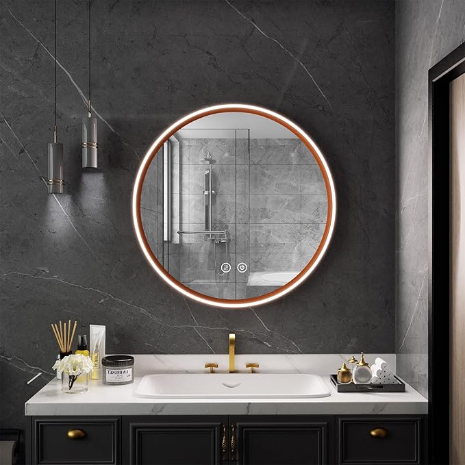 Led Bathroom Mirror with Lights, 30'' Round Heavy Duty Aluminum Frame Bathroom Vanity Mirror with Lights, 3 Colors, Brightness Stepless Dimmable, Anti-Fog, Memory Function, Single LED Orange