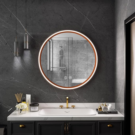 Led Bathroom Mirror with Lights, 30'' Round Heavy Duty Aluminum Frame Bathroom Vanity Mirror with Lights, 3 Colors, Brightness Stepless Dimmable, Anti-Fog, Memory Function, Single LED Orange